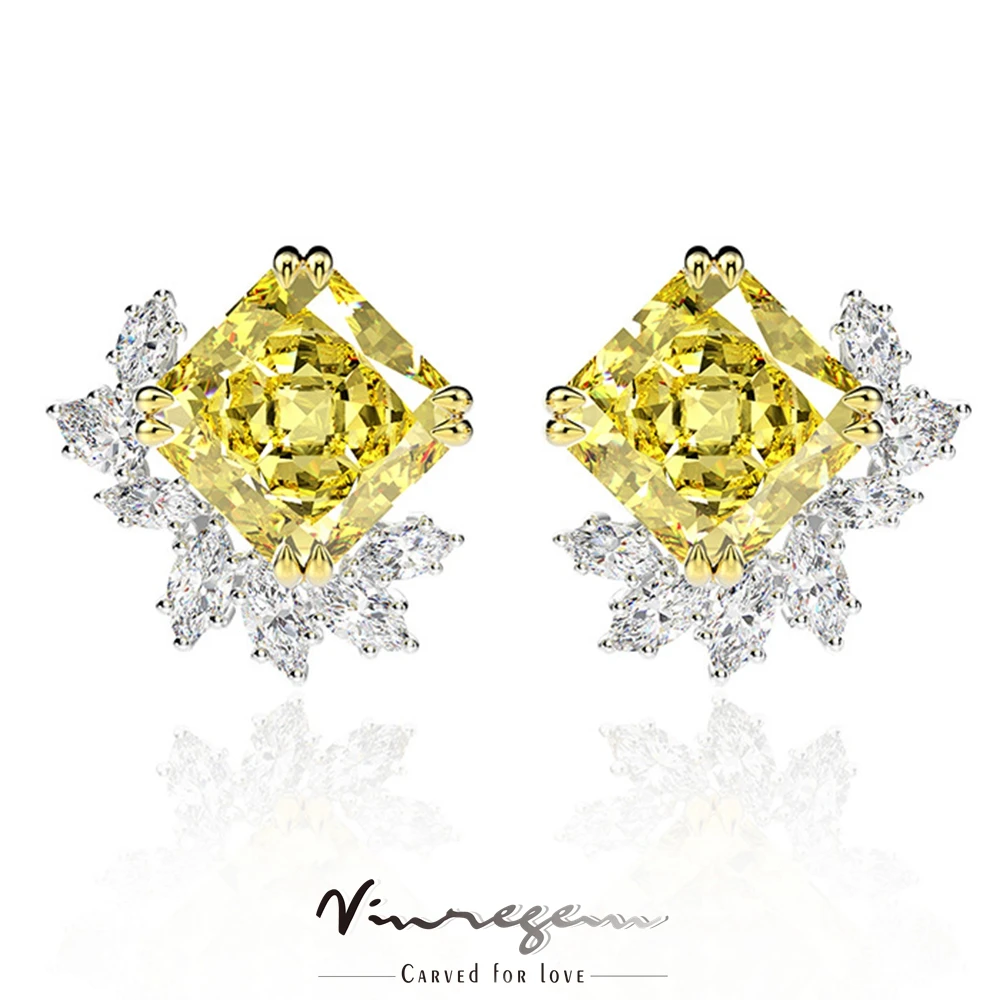 

Vinregem 925 Sterling Silver 8CT Citrine Emerald Synthetic Moissanite Flowers Ear Studs Earrings Vintage Jewelry Drop Shipping