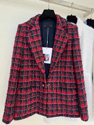 Europe and the United States women's winter new Long sleeve suit collar red plaid fashion The tweed jacket