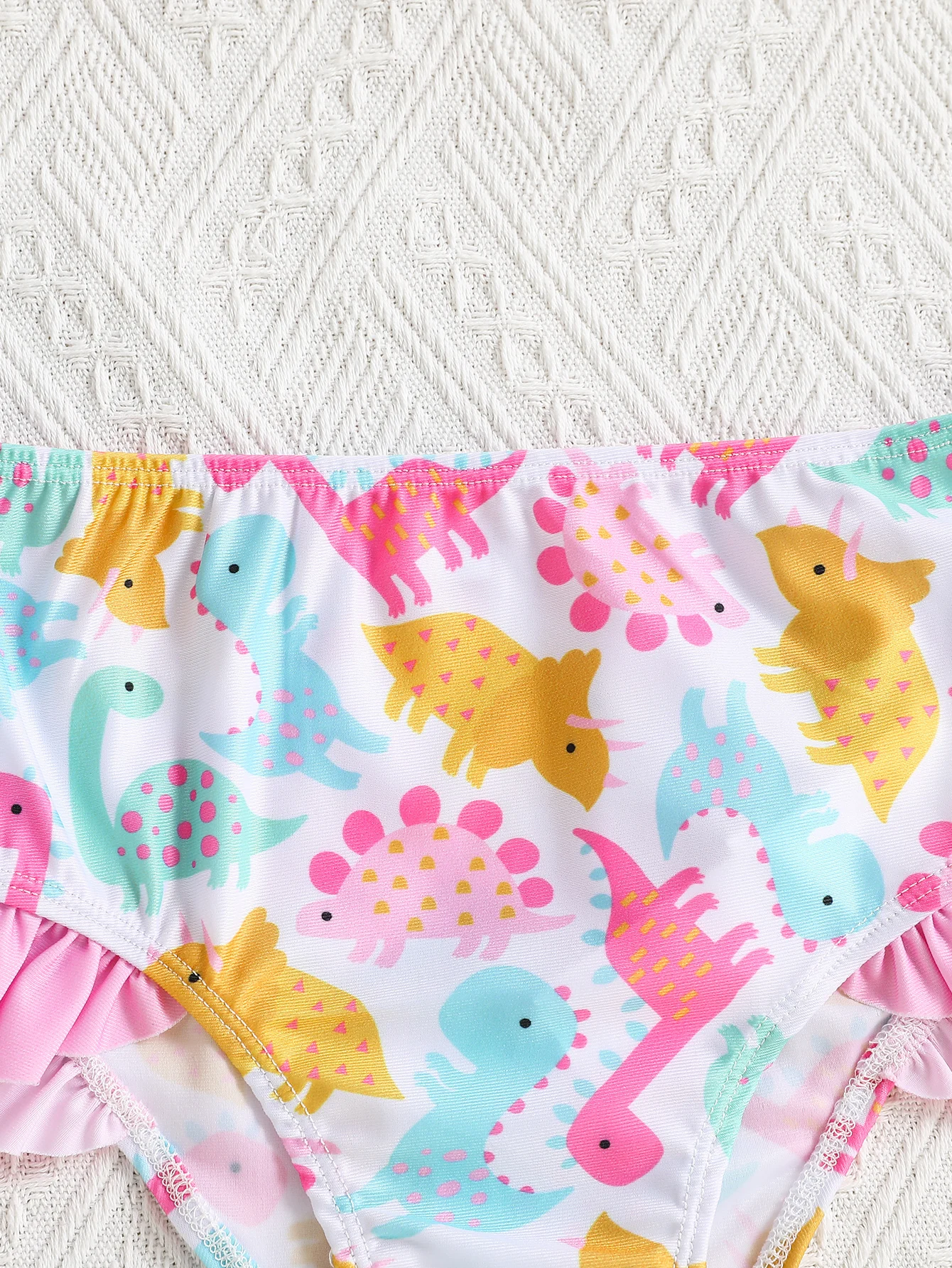 2-teiliges Sommer-Rashguard-Set für Babymädchen mit rosa Dinosaurier-Print, Langarm-Oberteil + Rüschen-Badeshorts, niedlicher UPF-Stil, Strand-/Poolkleidung – Detail 7