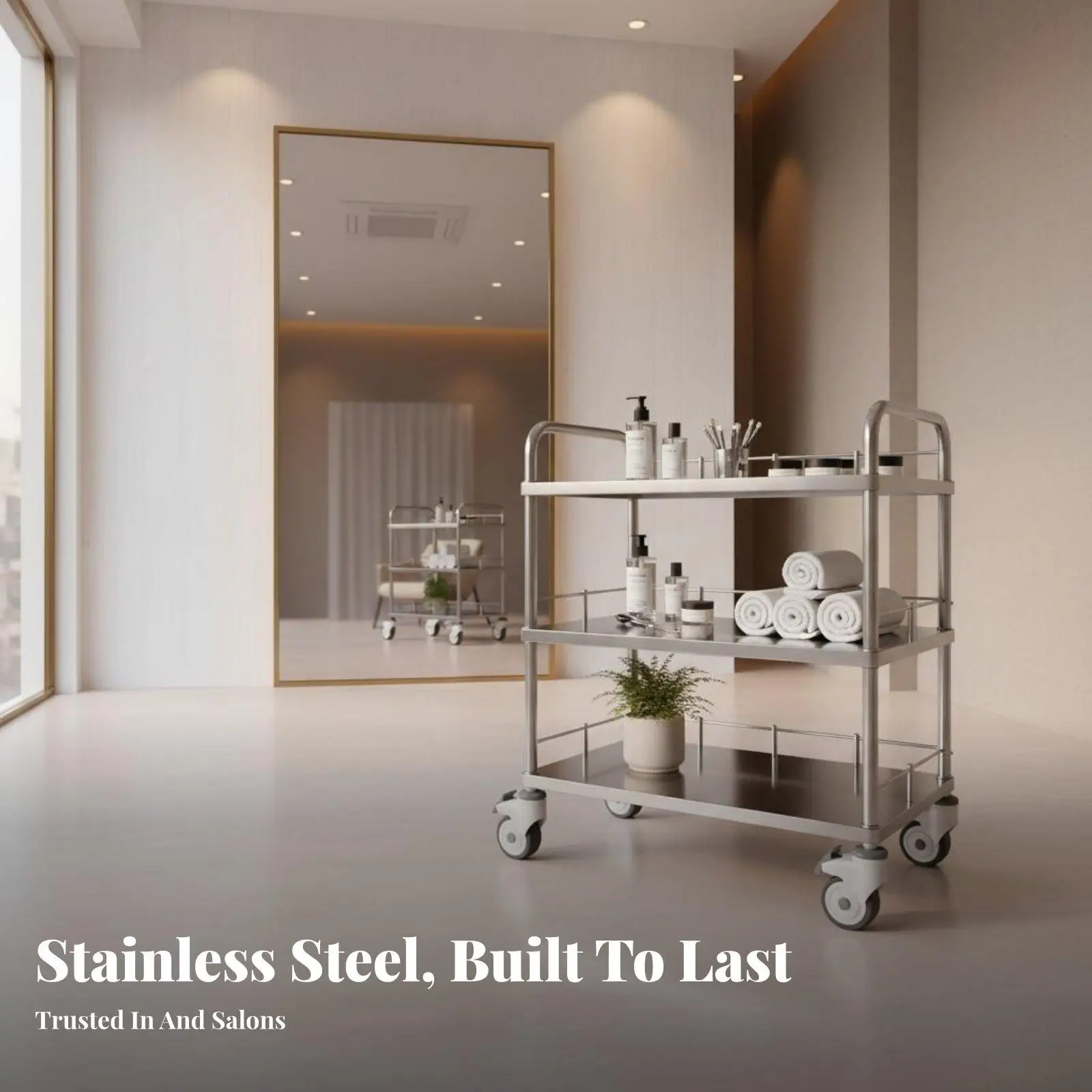 Stainless Steel Utility Trolley 3 Tier Mobile Cart with Silent Locking Casters for Dental Lab and Beauty Supply Storage