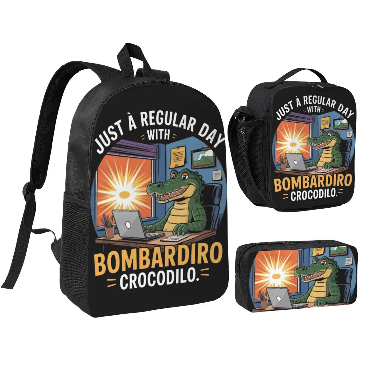 

3pecs/set Just A Regular Day Bombardiro Crocodilo Рюкзак Итальянский Brainrot Ноутбук Компьютер Холст Сумки Сумка для обеда Пенал