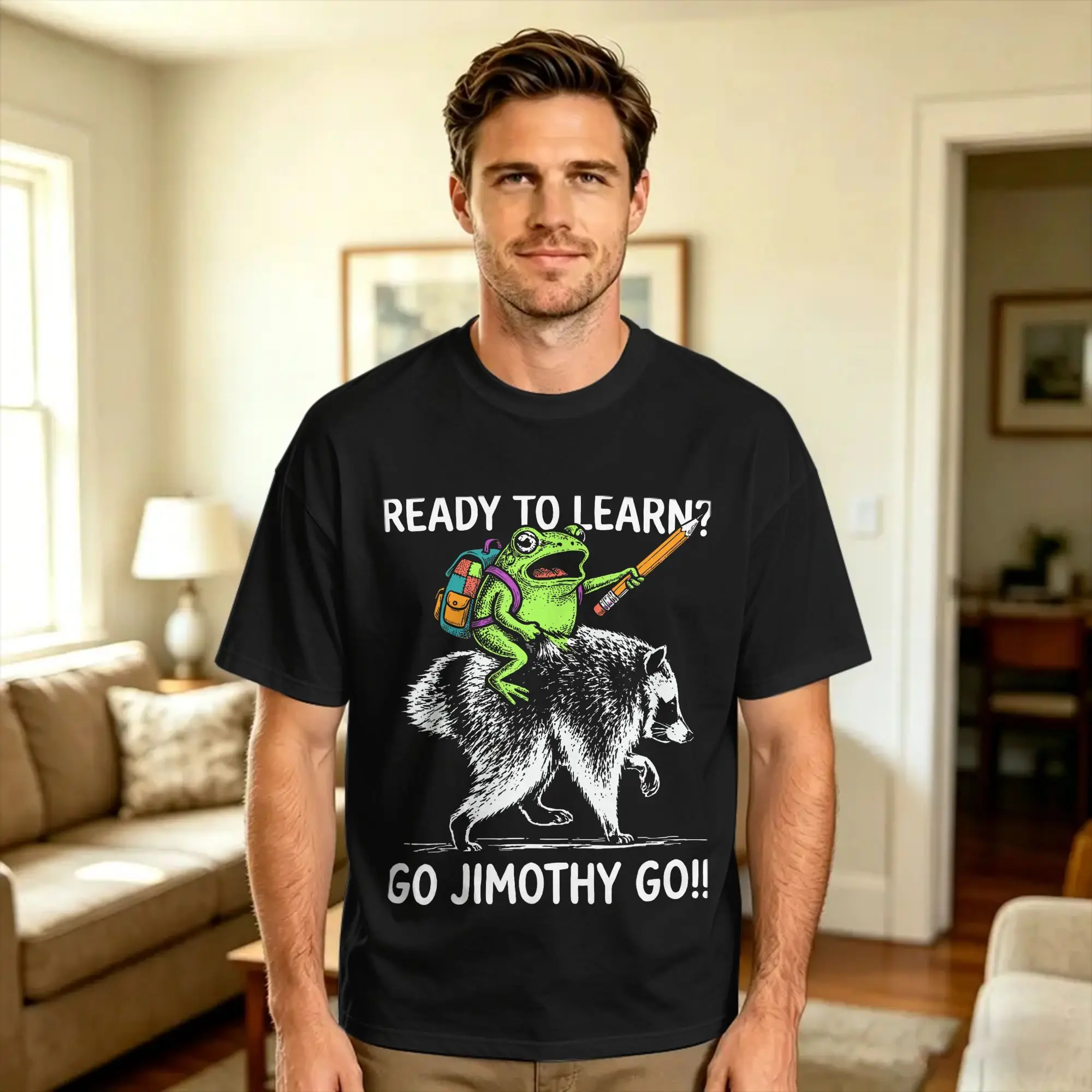 Jimothy Raccoon Ready to Learn Frog Back to School Meme Art Cotton T Shirt For Man Summer  Funny T-Shirts Popular Tees Cheap