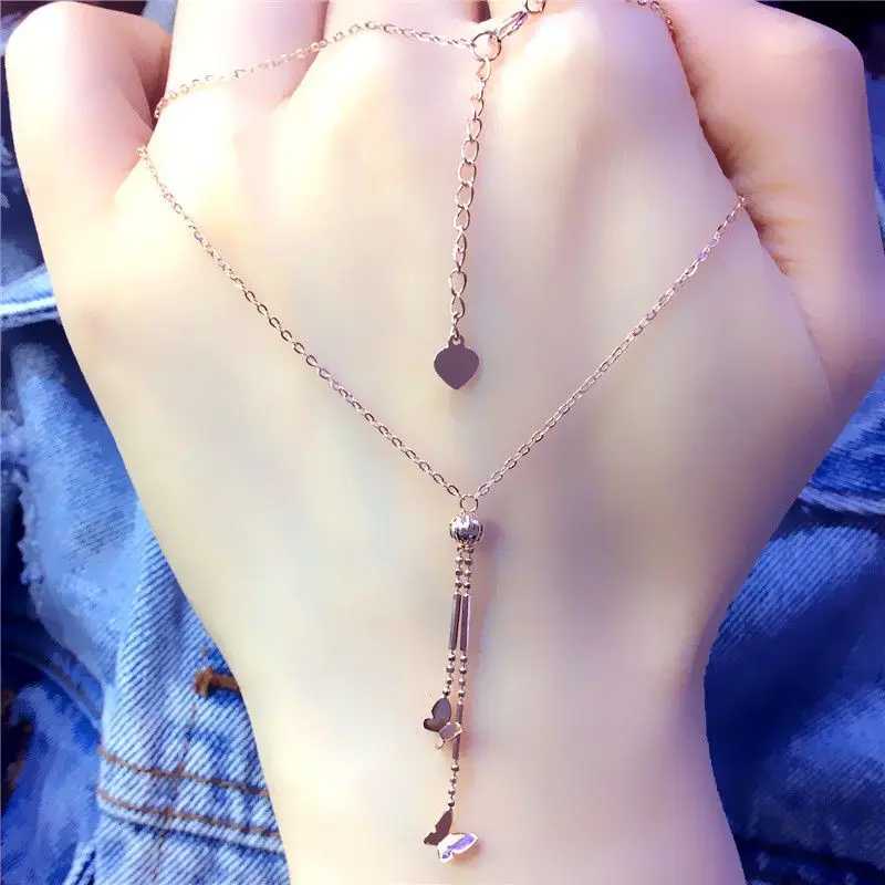 

Pendant Plated 14K Rose Gold Long Romantic 585 Purple Gold Butterfly Tassel Necklace for Women Clavicle Chain Wedding Jewelry