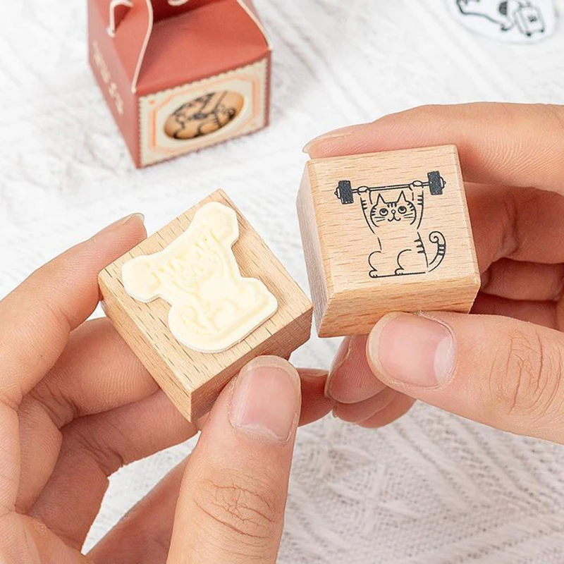 Stempel karet kayu Retro Kawaii lucu kartun kucing hitam kecil DIY dekorasi cap kreatif buku harian cap tangan segel hadiah