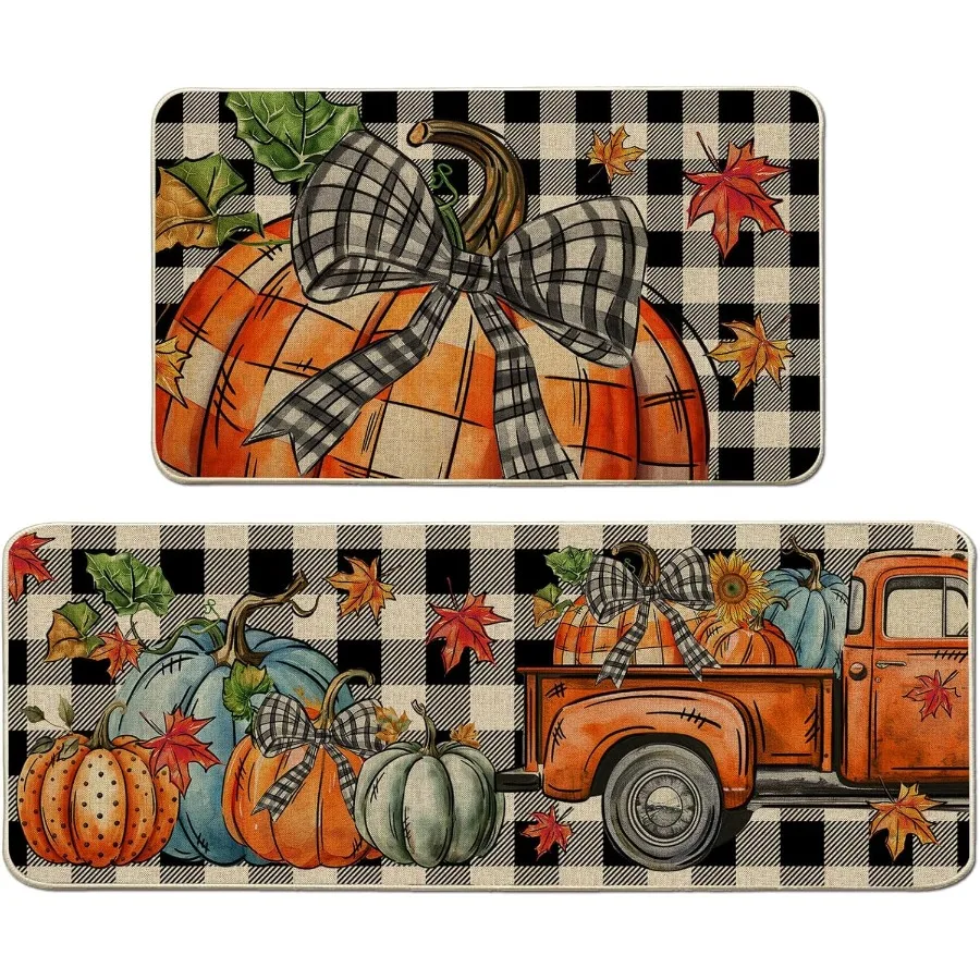 

Fall Kitchen Mats Plaid Farmhouse Truck Fall Kitchen Decor for Floor Home Pumpkins Kitchen Rugs Set of 2 17"x27+17"x47"