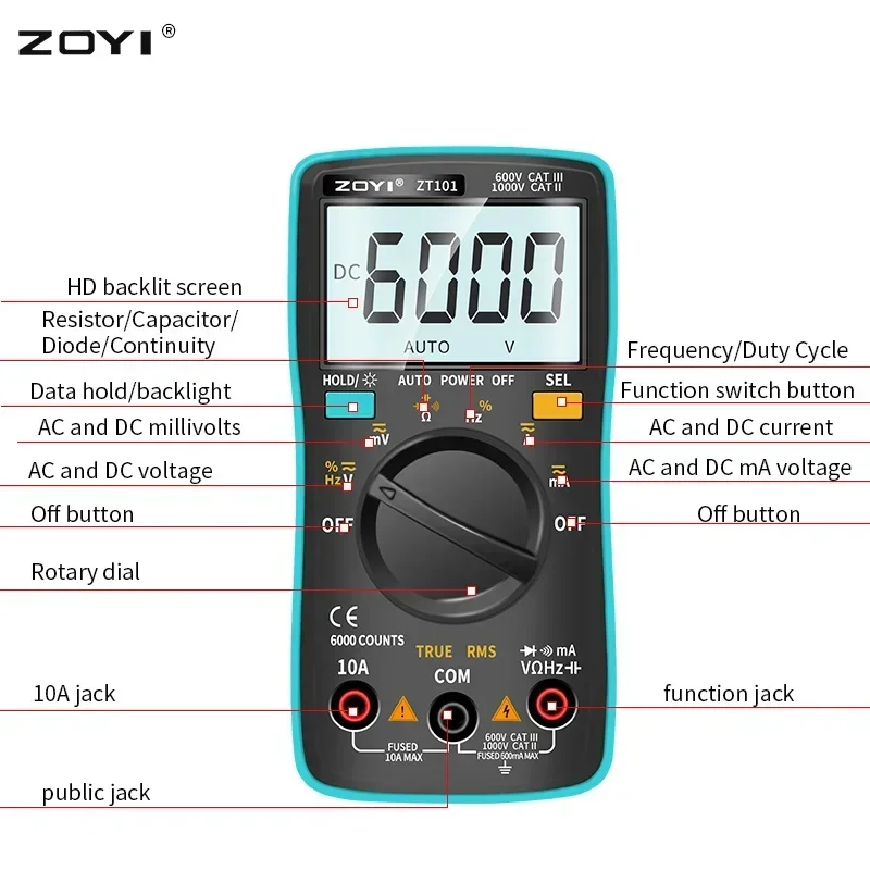

Многофункциональный портативный цифровой мультиметр ZOYI ZT101 с подсветкой, амперметр переменного/постоянного тока, 6000 измерений, вольтметр, омметр, портативный измеритель напряжения