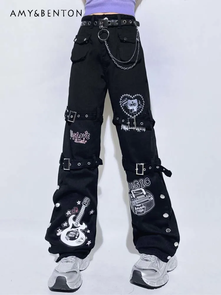 2025 Summer and Autumn New Women's Straight-Leg Jeans Loose Wide-Leg Pants Trendy High Street Fun High-Waist Long Pants
