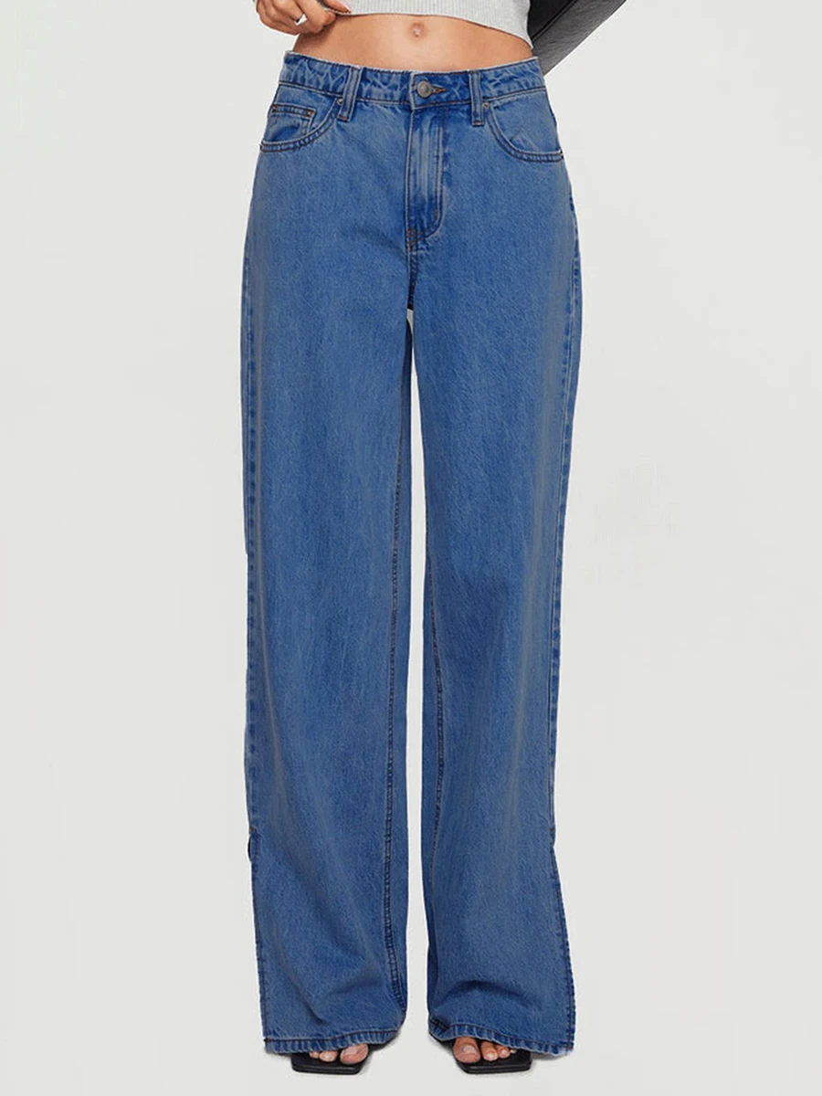 Jean Délavé Taille Basse pour Femme, Jambes Larges, Ourlet Fendu, Pantalon en Denim