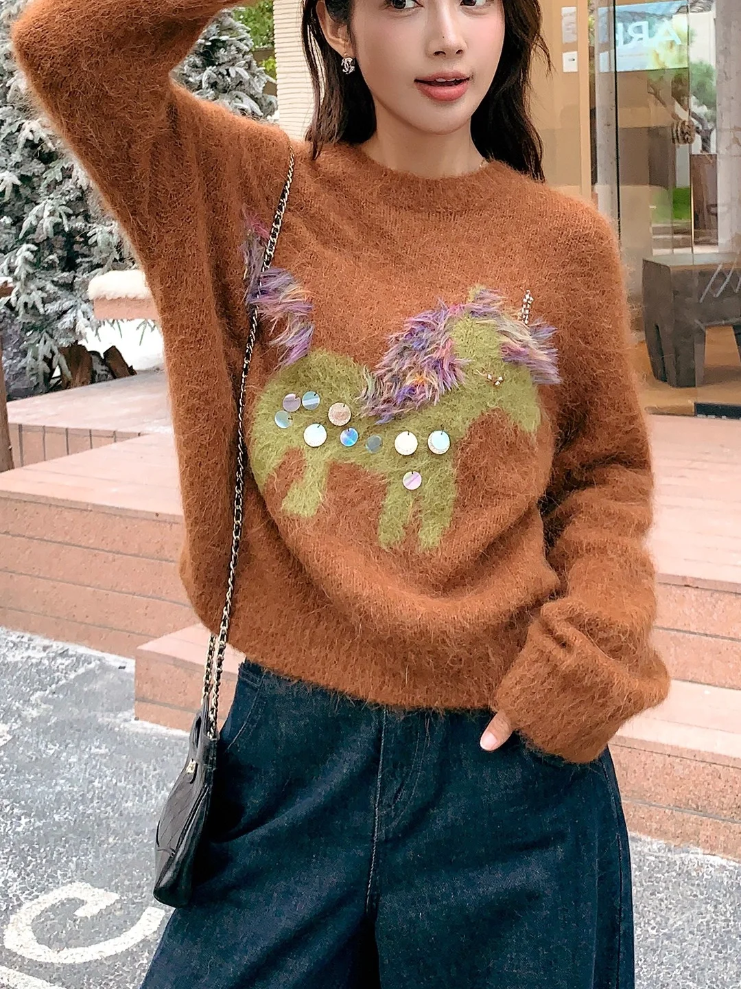 

Spring 2026 New Sle Soft And Plu Alpaca Wool Sequin Knitwear Long Sve Overhead Lazy Sweater Korean Sle Loose Fit Wom...