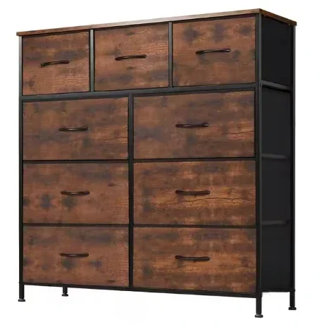 Dresser for Bedroom with 9 Drawers,Fabric Closet Organizer, Cloth Dresser with Metal Frame and Wood Tabletop Chest Storage Tower