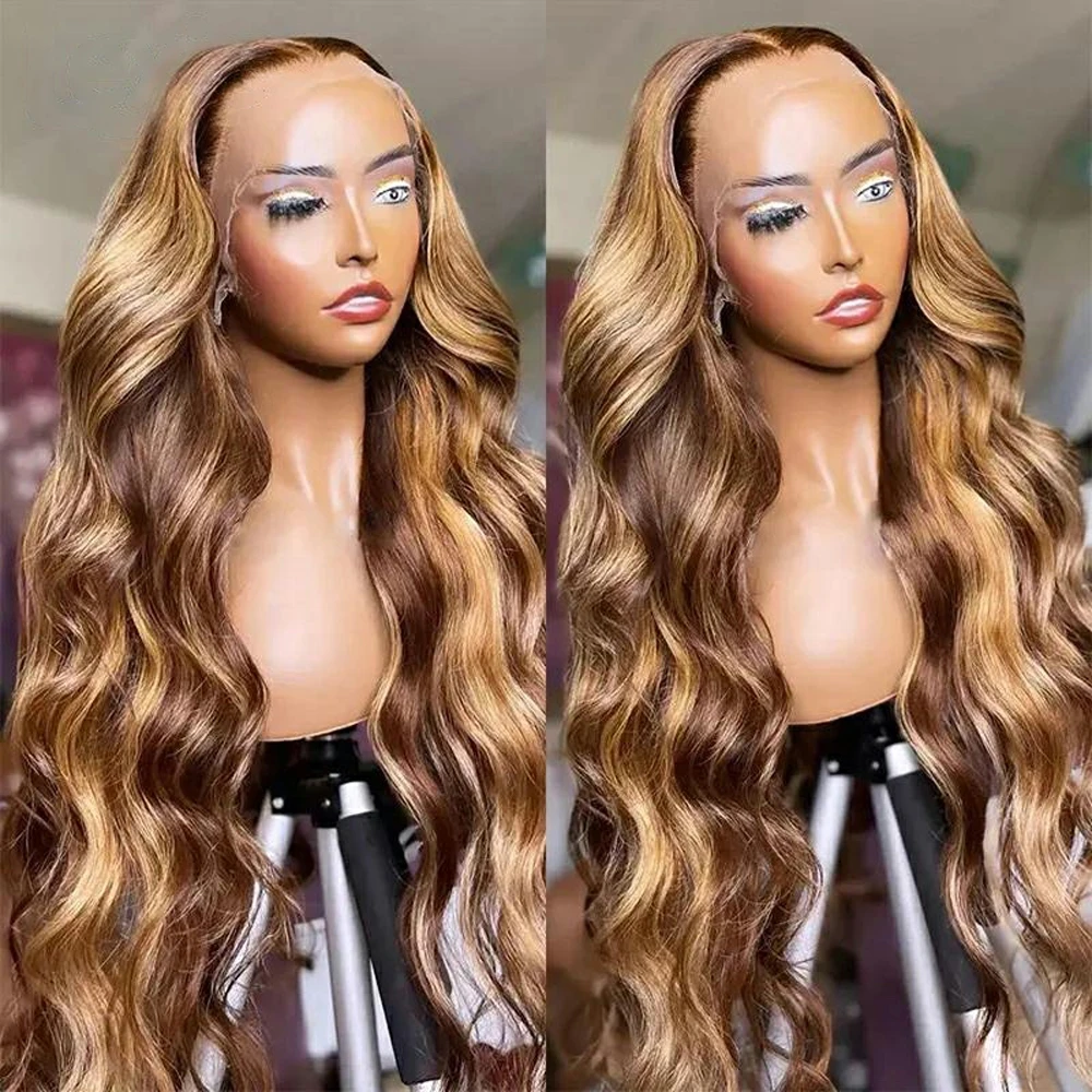 

P4/27 Lace Front Wigs Human Hair Colored Highlight Ombre Brown Transparent 13X4 Lace Frontal Wig Pre Plucked Hairline 18"-28"