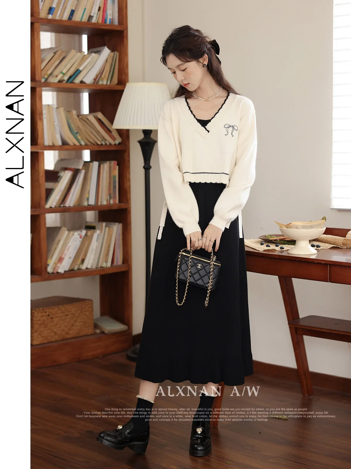 ALXNAN 2024 Autumn Winter Women Dress Sleeveless Elegant A-Line Office Lady Korean Version Midi Dresses Sold Separately LXN32050