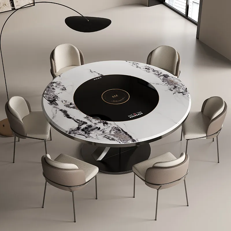 Multifunctional Round Sintered Stone Dining Set Built-in Induction Cooker & Lazy Susan Italian Luxe Modern Minimalist Home Use