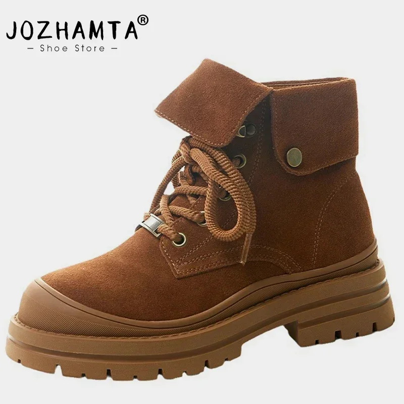 

JOZHAMTA Size 35-40 Ankle Boots For Women Suede Real Leather Fold Over Lace-Up Thick Heels Short Booties 2025 Casual Daily Dress