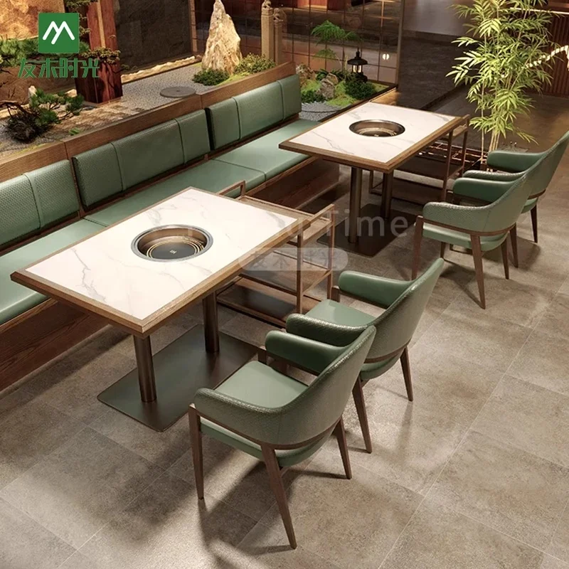 Modern Custom Leather Booth Sofa Seat for Hot Pot Barbecue & Restaurant New Marble Dining Table Wood Furniture