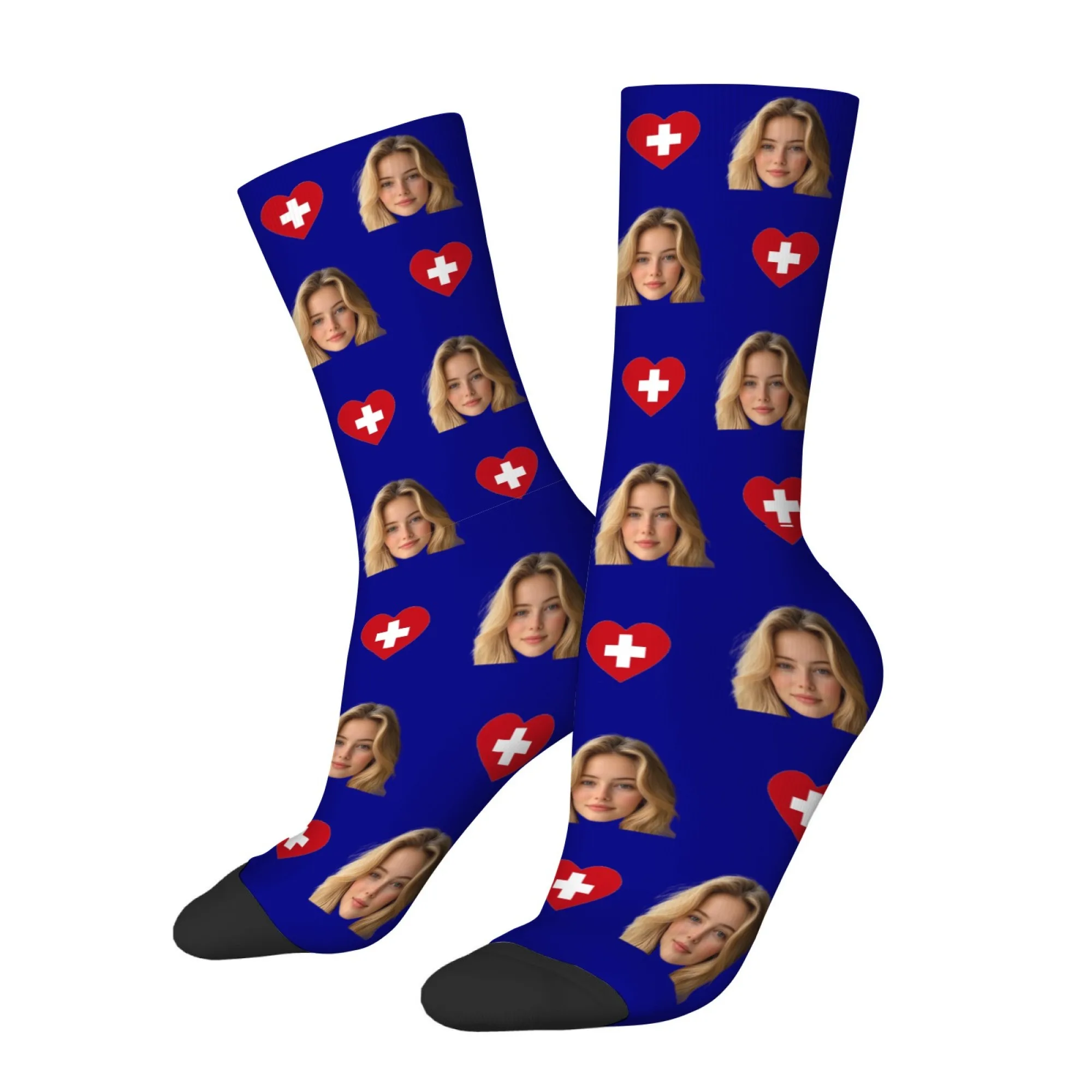 Custom Your Face Swiss Flag Socks Personalized Photo Print Blue Stockings Novelty Gift for Swiss Fans view 3