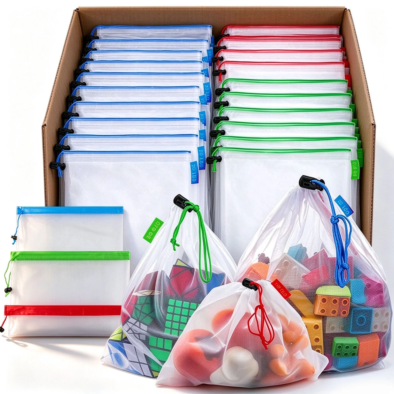 100pcs Mesh Drawstring Storage Bags Reusable Washable Toy Bags Organizer for Building Blocks Pouch Kitchen Fruit Vegetable Bag
