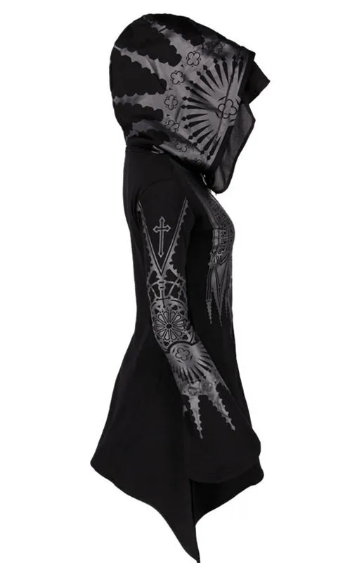 Street Goth Punk Style Black Long Hooded Top Harajuku Retro Dark Grunge Y2K Print Sweatshirts 2022 New Autumn Winter Ladies Tops