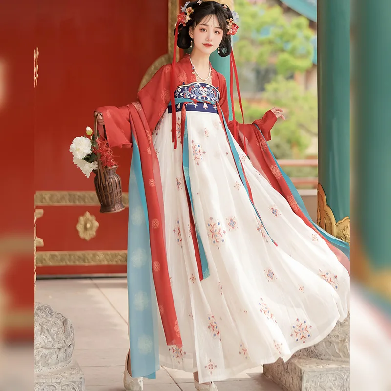 Pmwrun 2023 Spring Summer New Arrival Adult Hanfu Dress with Chinese Style Print, Embroidery, and Big Sleeve Set for Women