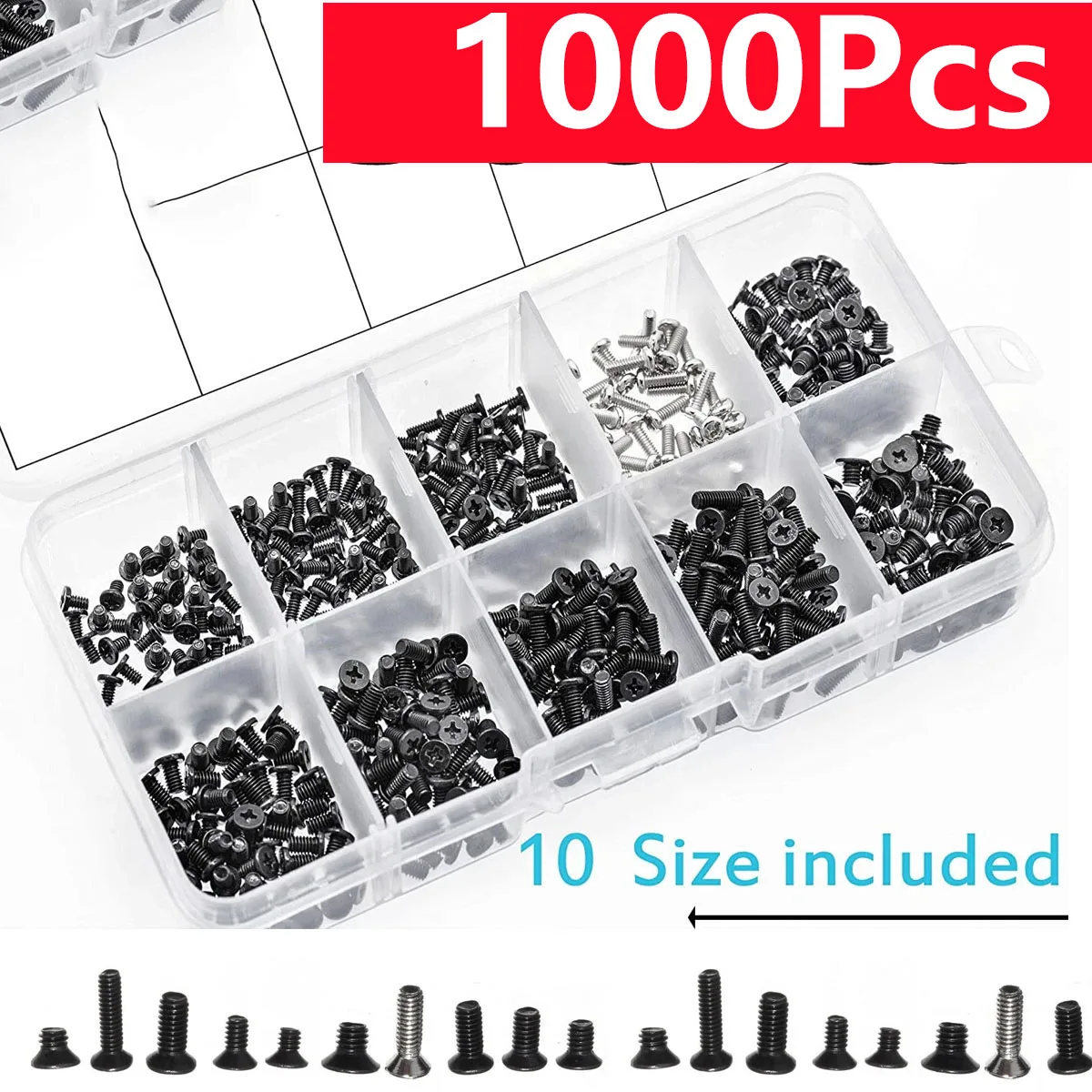 1000Pcs M2 M2.5 M3 Laptop Screw Set PC Computer Glass Small Screw Set Mini Flat Head Carbon Steel Screw Set Repair Accessory DIY