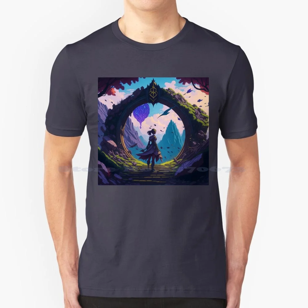 A Figure Standing In Front Of An Opened Portal To Another World. T Shirt 100% Cotton Tee A Figure Standing In Front Of An