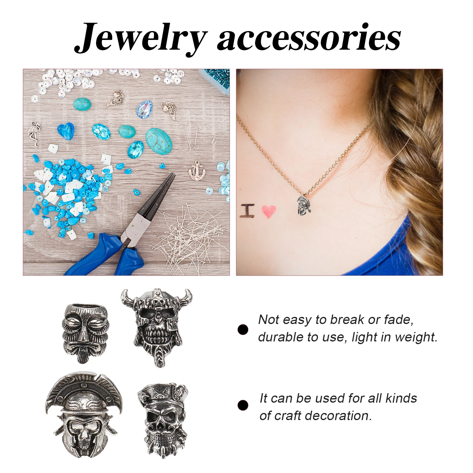 

4Pcs Lightweight Metal Skull Beads for Pendant Jewelry Crafting Supplies