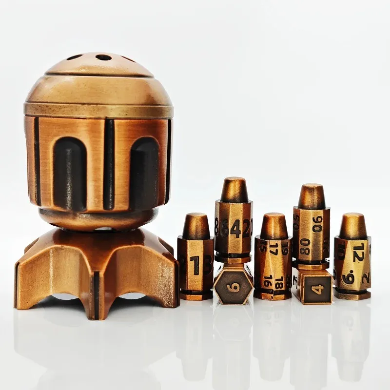

Polyhedral Bullet Dice Set of 7 with Spinning Revolver Cylinder Container for D&D, Sci-Fi, War, or Crime Theme Tabletop Games