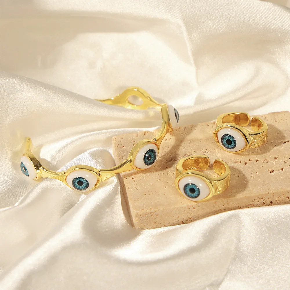 Enamel Eye Heart Rings Open Bangles Copper Adjustable Turkish Evil Eye Bangle Ring Set for Women Girls Jewelry
