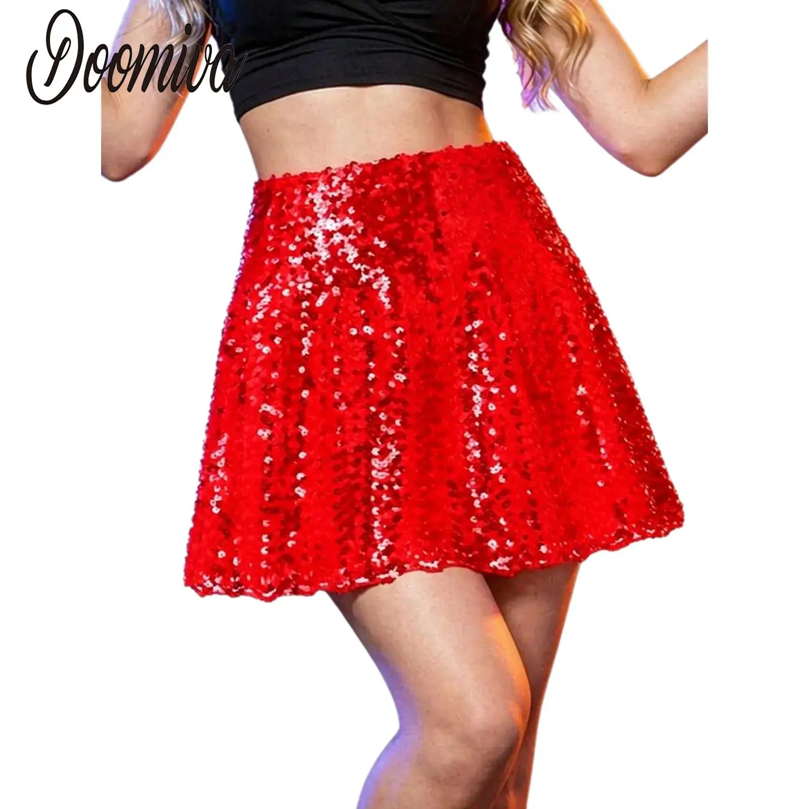 Women Sparkly Sequined Tutu Skirts Party Shiny High Waist A-line Stretchy Flare Skirt for Concert Night Out Cocktail Performance