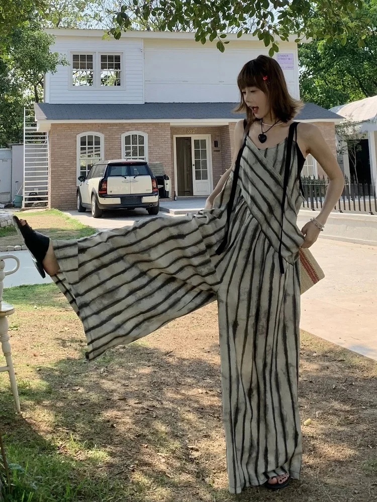 

Oversize Casual Wide Leg Jumpsuit Women's Summer adient Stripe Strap High Waist Long Pants Comfortable Breathable Polyester