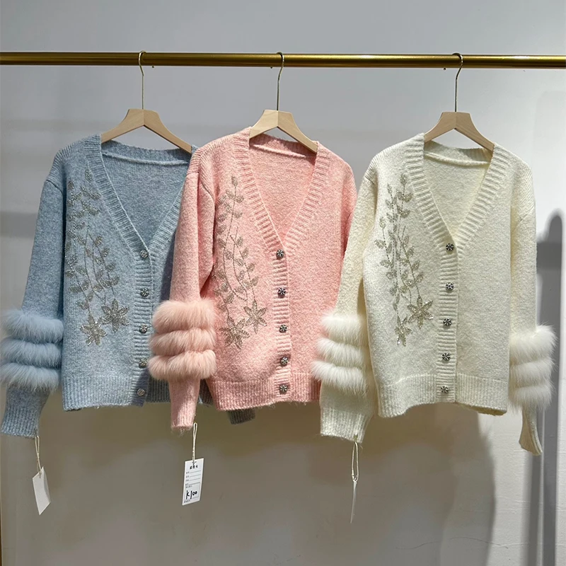 2025 outono feminino real pele de raposa camisola de pele real primavera especial grânulo decoração design jaqueta de malha wear