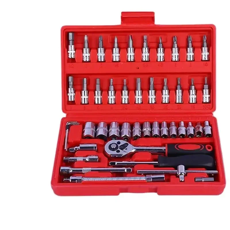 For 46 Piece Set Of Automotive Repair Tools, Home Repair Toolbox, Hardware Tools, Wrench Socket Components