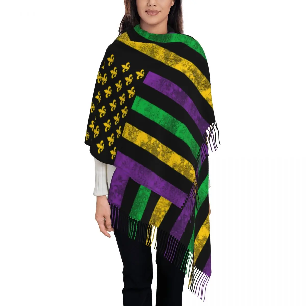 

Custom Mardi Gras American Flag Scarf Wrap Women Long Winter Warm Tassel Shawl Unisex Scarves
