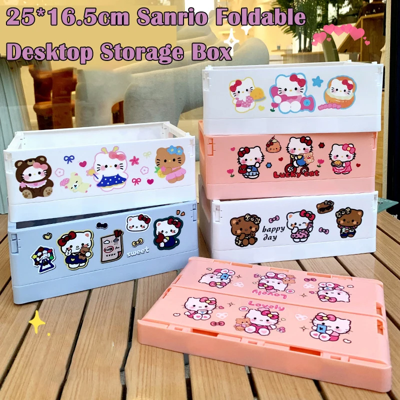 Large Hello Kitty Foldable Desktop Storage Box Sanrio Kuromi Melody Cinnamoroll Student Kid Convenient Storage Basket Stationery