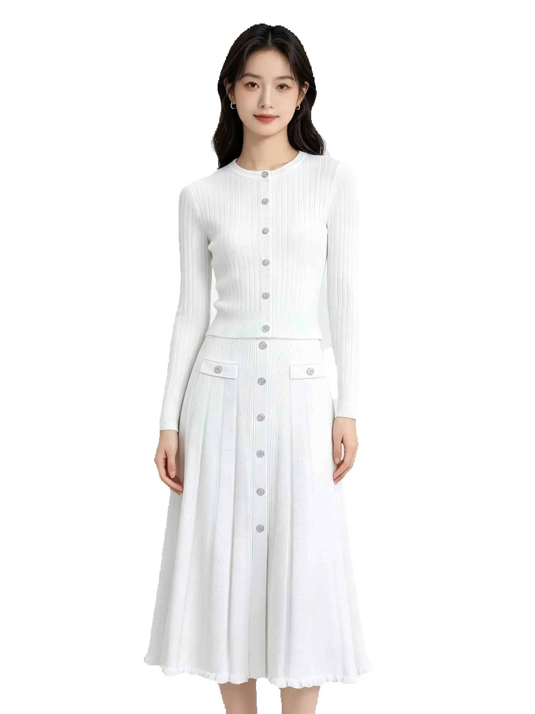 High Quality New Fashionable Elastic Knitted Button Long Sleeved Slim Fit Top Cardigan+half Skirt Ruffled Women's Suit