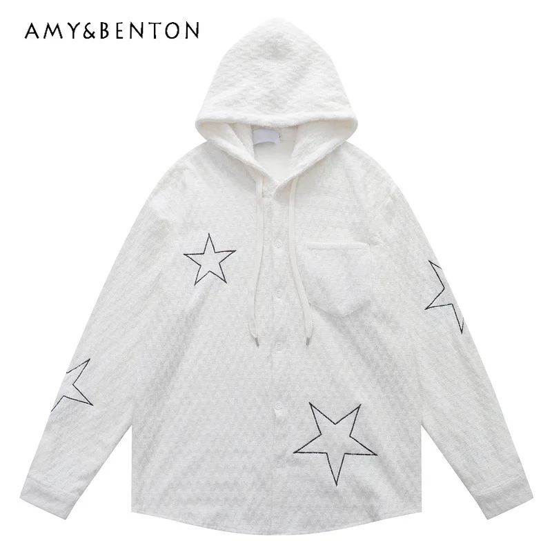 

American Retro Brushed Star Pattern Long Sleeve Hooded Shirt Unisex 2025 Autumn Winter New Red Personality Couple Shirts Ladies