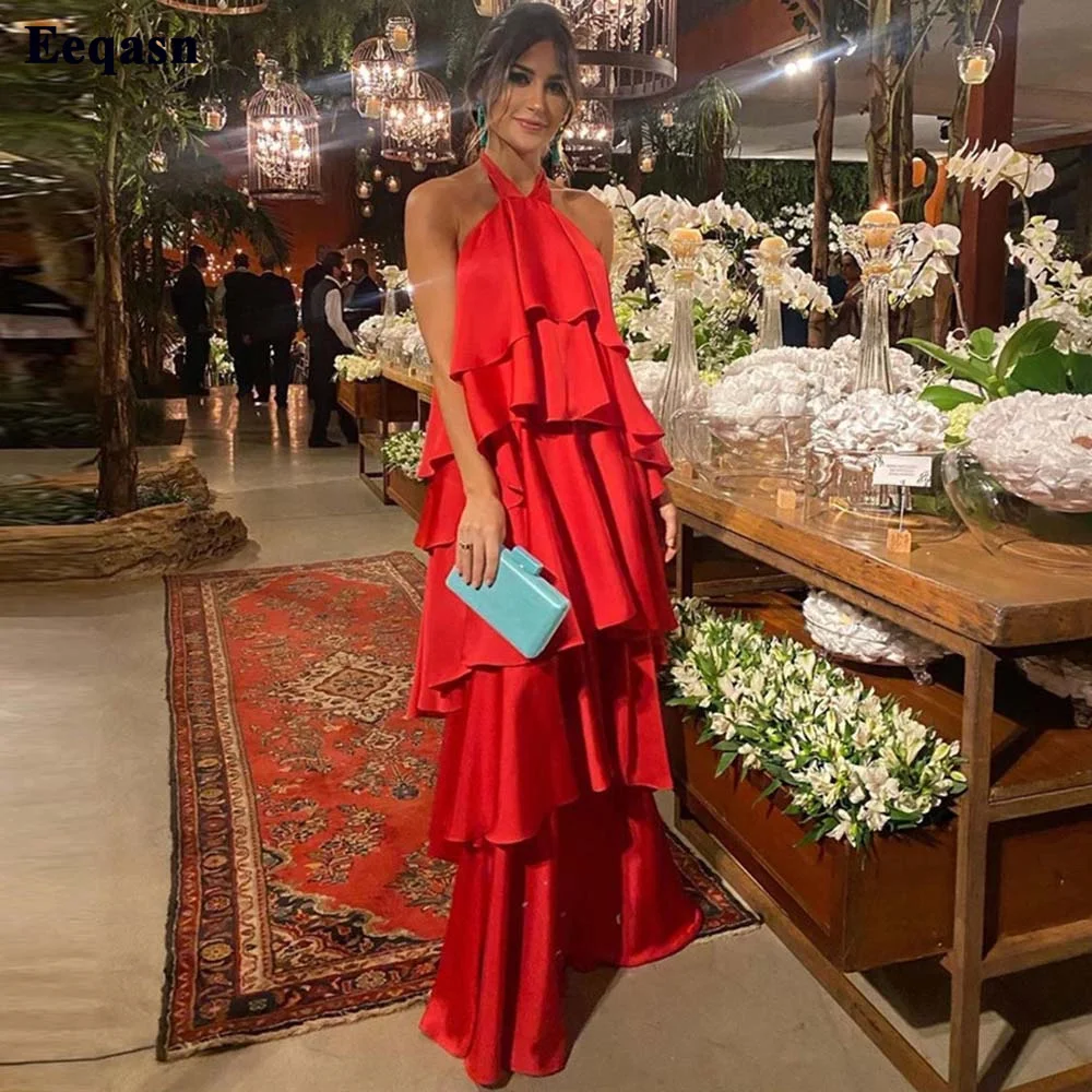 Bafftafe Red Satin Arabic Evening Dresses Tiered Women Long Halter Backless Sexy Special Party Gowns Formal Occasion Prom Dress