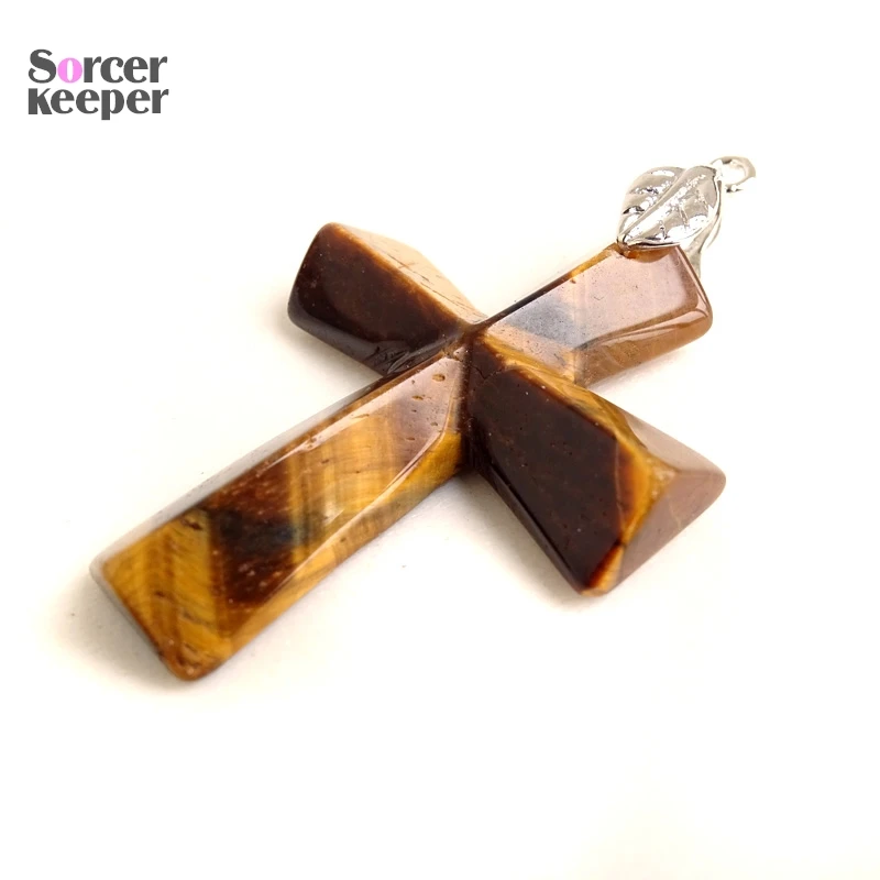 Cross Jewelry Natural Tiger Eye Necklace Pendants Gem Stone Slide Pendant Healing Reiki Men\'s Woman\'s Gift BO556