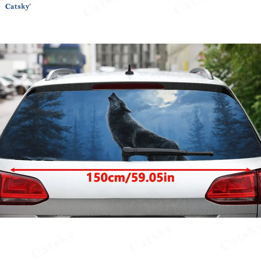 Wild Wolf Moonlight Thrill PVC Perforated Car Vinyl Wraps, Durable Car Rear Windshield Sticker, Waterproof Car Rear Window Decal