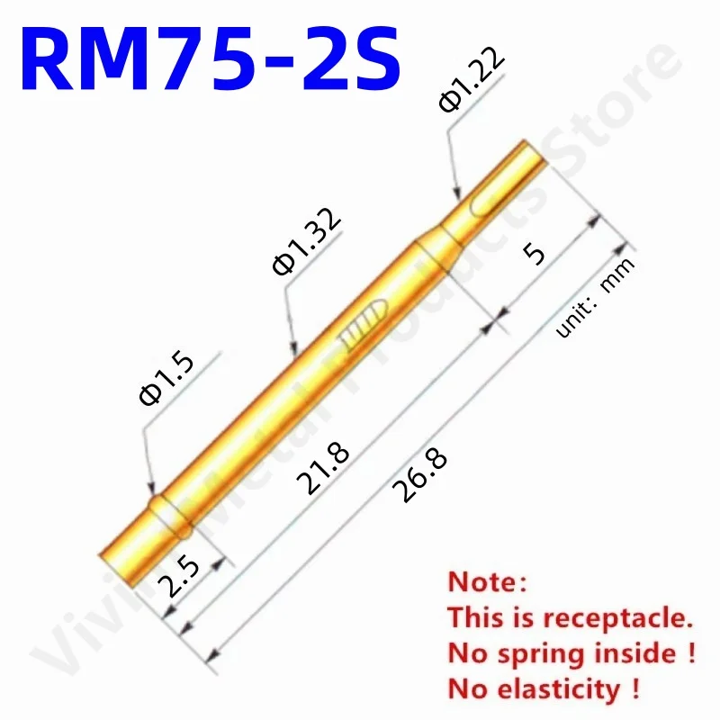 100PCS RM75-2S Test Pin PM75-B1 Receptacle Brass Tube Needle Sleeve Seat Solder Connect Probe Sleeve 26.8mm Outer Dia 1.32mm