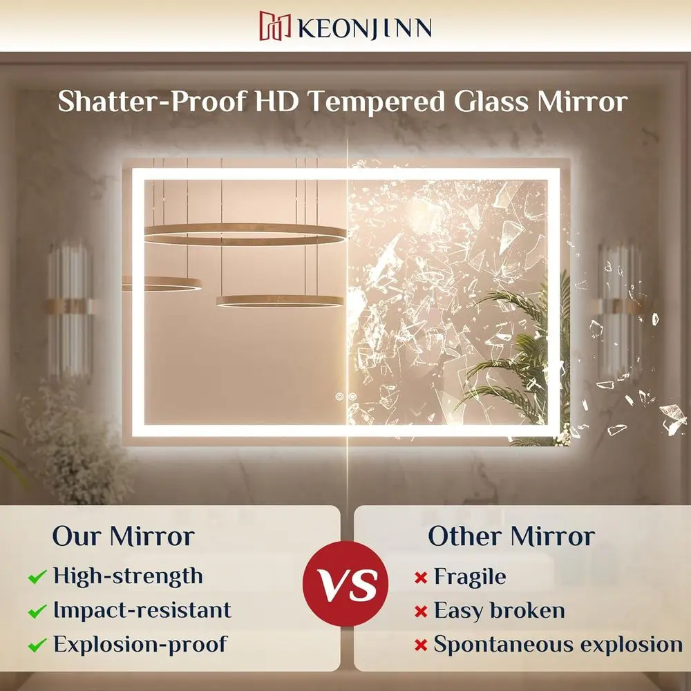 مرآة حمام مضاءة بإضاءة LED بثلاثة ألوان، مقاس 24 × 32 بوصة، مرآة زينة من الزجاج المقوى المضاد للضباب مع إضاءة أمامية وخلفية #5