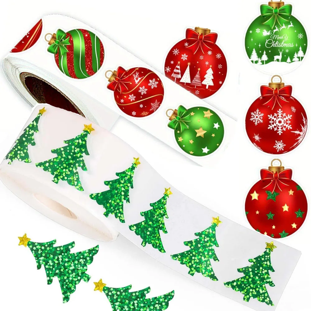 2-Rollen-Set, 1000 Stück, Weihnachtsaufkleber, 3 cm, grüne Weihnachtsbaum-Aufkleber, gemischte farbige Glocken-Aufkleber, Geschenkverpackung, Siegelaufkleber