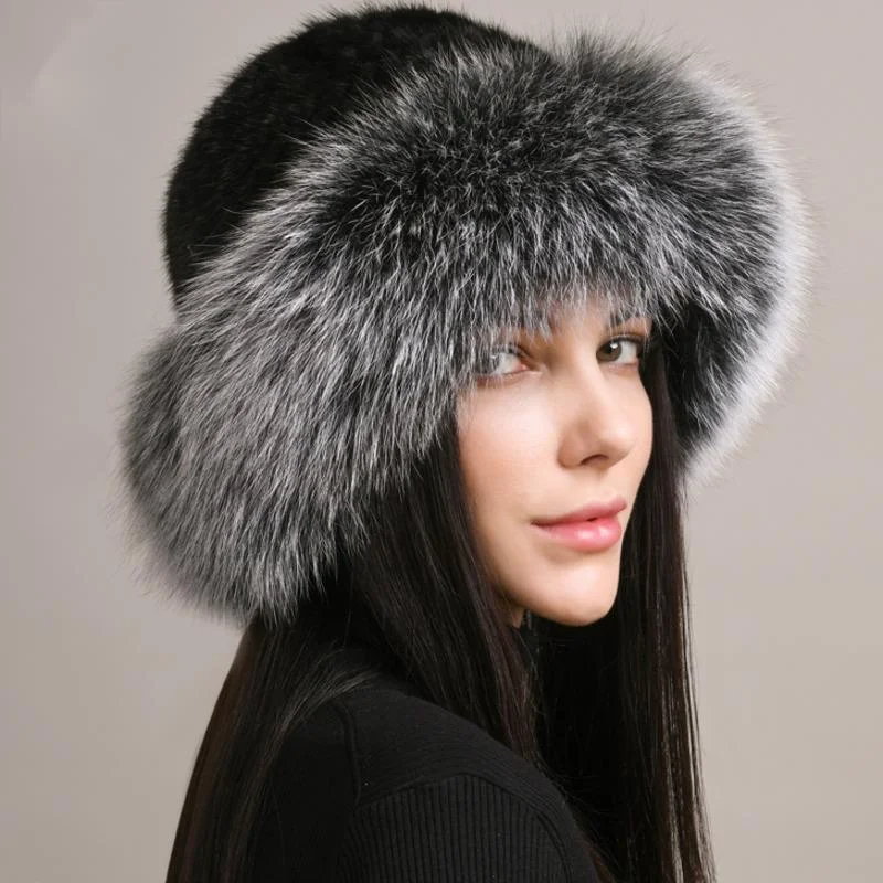 Real Mink Fur Hat Winter Fashion Woven Fur Hat Luxury Handmade Knitted Fur Caps Natural Fur Ear Protective Caps Thick Bomber Hat