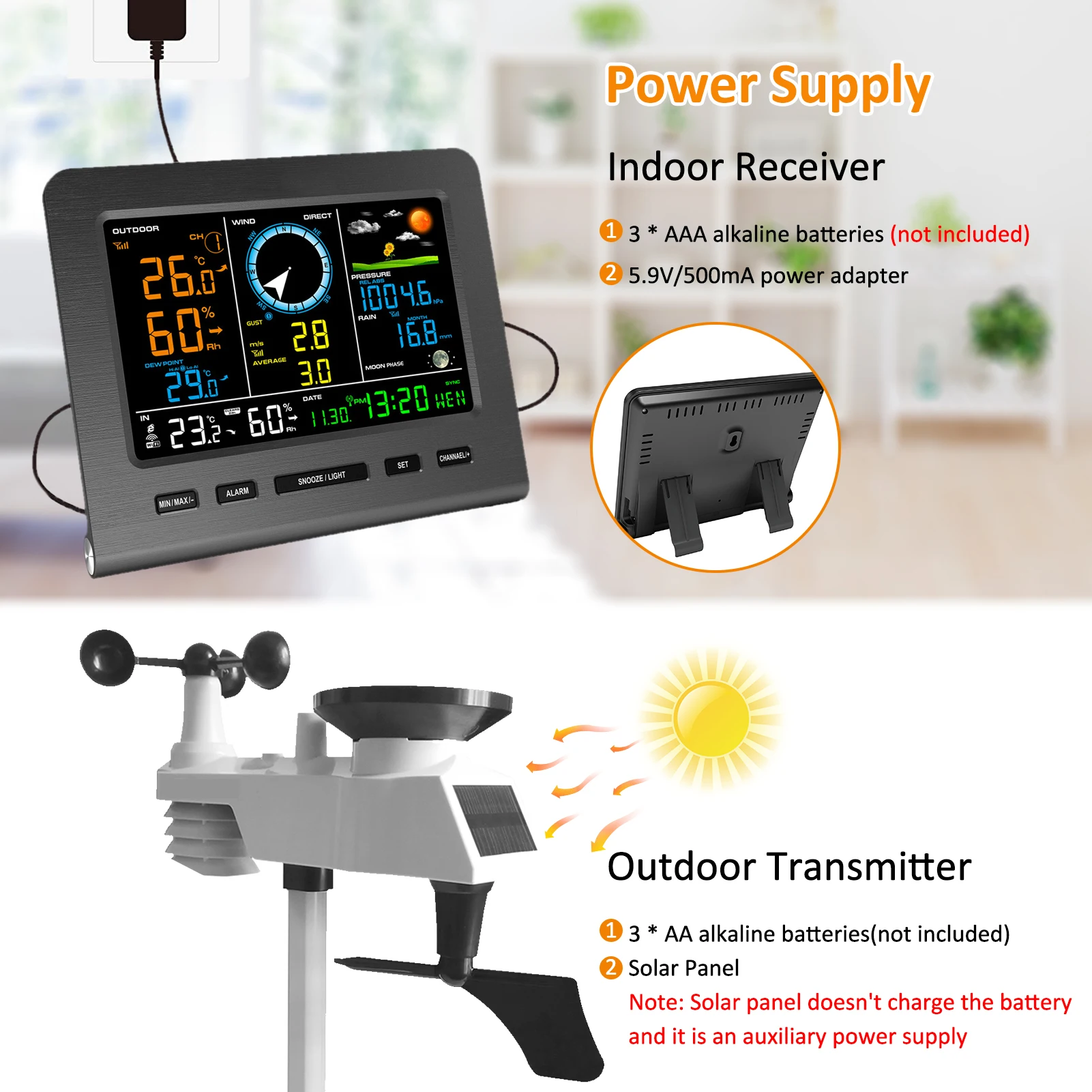 محطة الطقس اللاسلكية الرطوبة مقياس الرياح قياس المطر مرحلة القمر ساعة تنبيه الاستشعار في الهواء الطلق محطة الطقس الرقمية