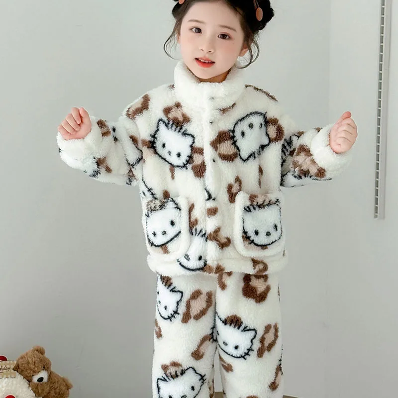 أنيمي مرحبا كيتي جديد الفانيلا ملابس المنزل لخريف شتاء لطيف ليوبارد طباعة سترة دعوى الطفل الدافئة الكرتون منامة دعوى