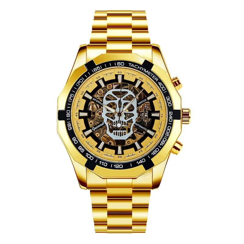 

Автоматические механические часы, модные полые золотые автоматические механические часы, популярные деловые часы с изображением черепа