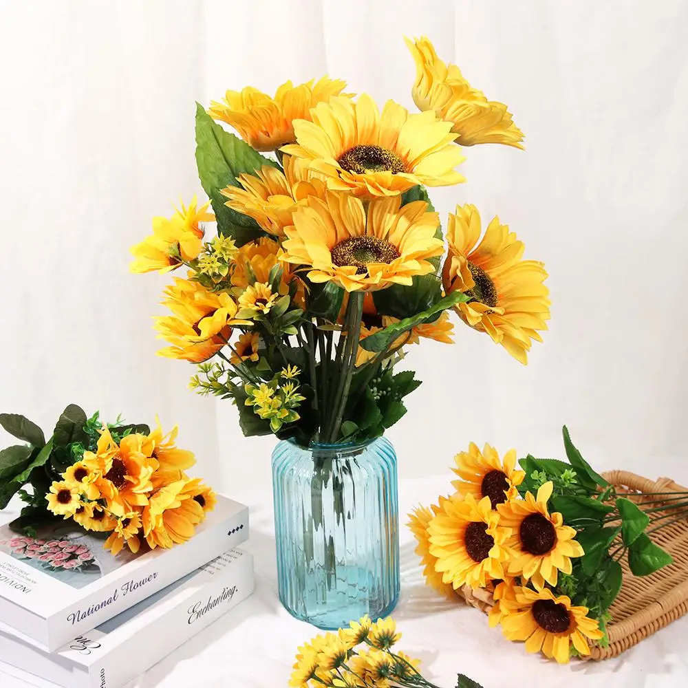 5/7/22 Heads Decorative Bright Yellow Home Decor Wedding Decoration Silk Sunflower Artificial Flower Fake Flores Bouquet