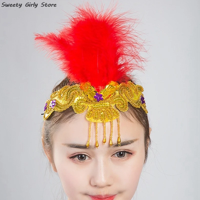 Red Feathers Headwear Ballet Latin Dancing Crown Girls Performance Tiaras Rhinestone Golden headdress Women Modern Dance Prop