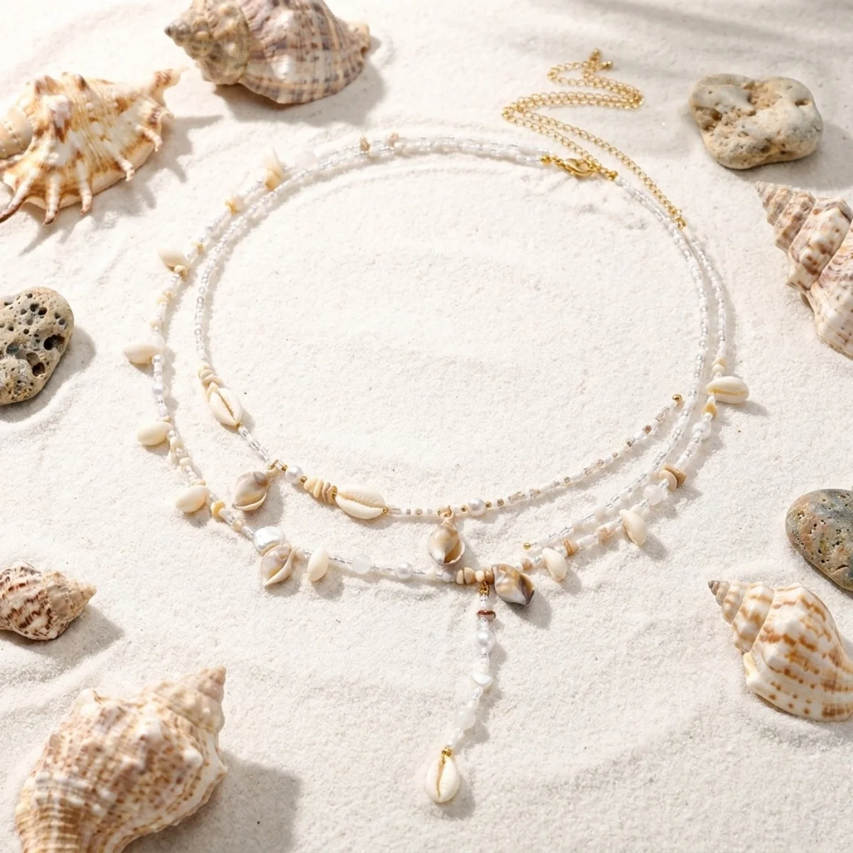 Sommerliche Strand-Taillenkette mit Muscheln, zerstoßenen Steinen und Reisperlen für Damen und Herren, doppellagige Muschel-Quasten-Bauchkette, Körperschmuck – Detail 19