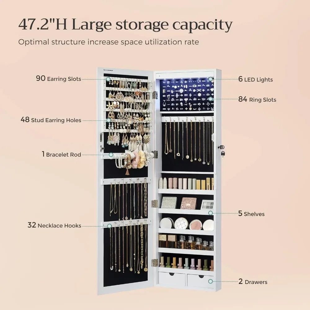 Piso Armários Espelho, Jóias Gabinete, Frete Branco, Livre, 6 LEDs, 3.9X14.6 Polegadas x 47,2 Polegadas